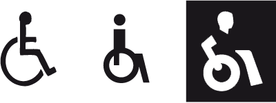 Bild: Links und Mitte: übliche Piktogramme für Rollstuhlfahrer, rechts die ROLLI